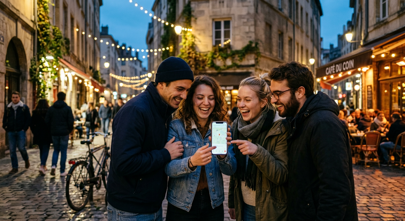 Quatre amis réunis autour d’un téléphone au crépuscule, en train de décider quoi faire ce soir