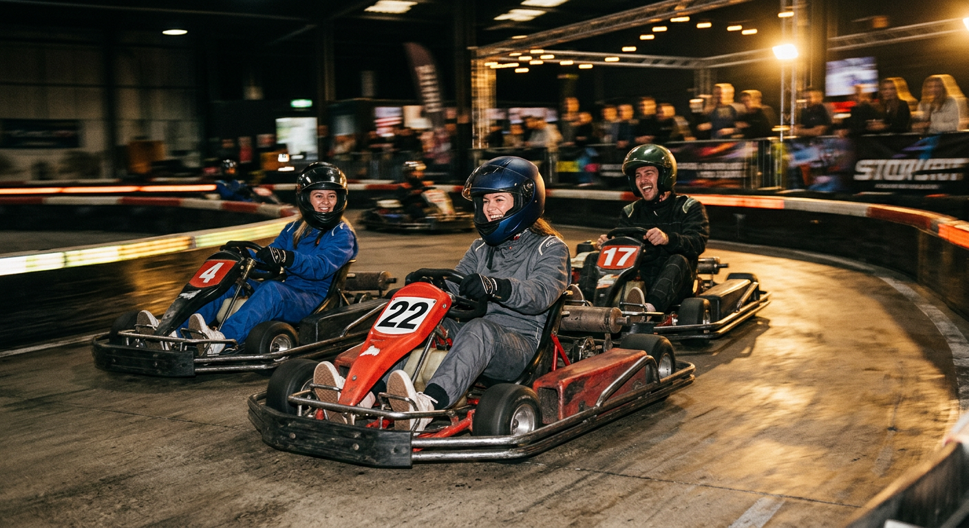 Des amis faisant du karting ensemble dans un lieu partenaire wetrips