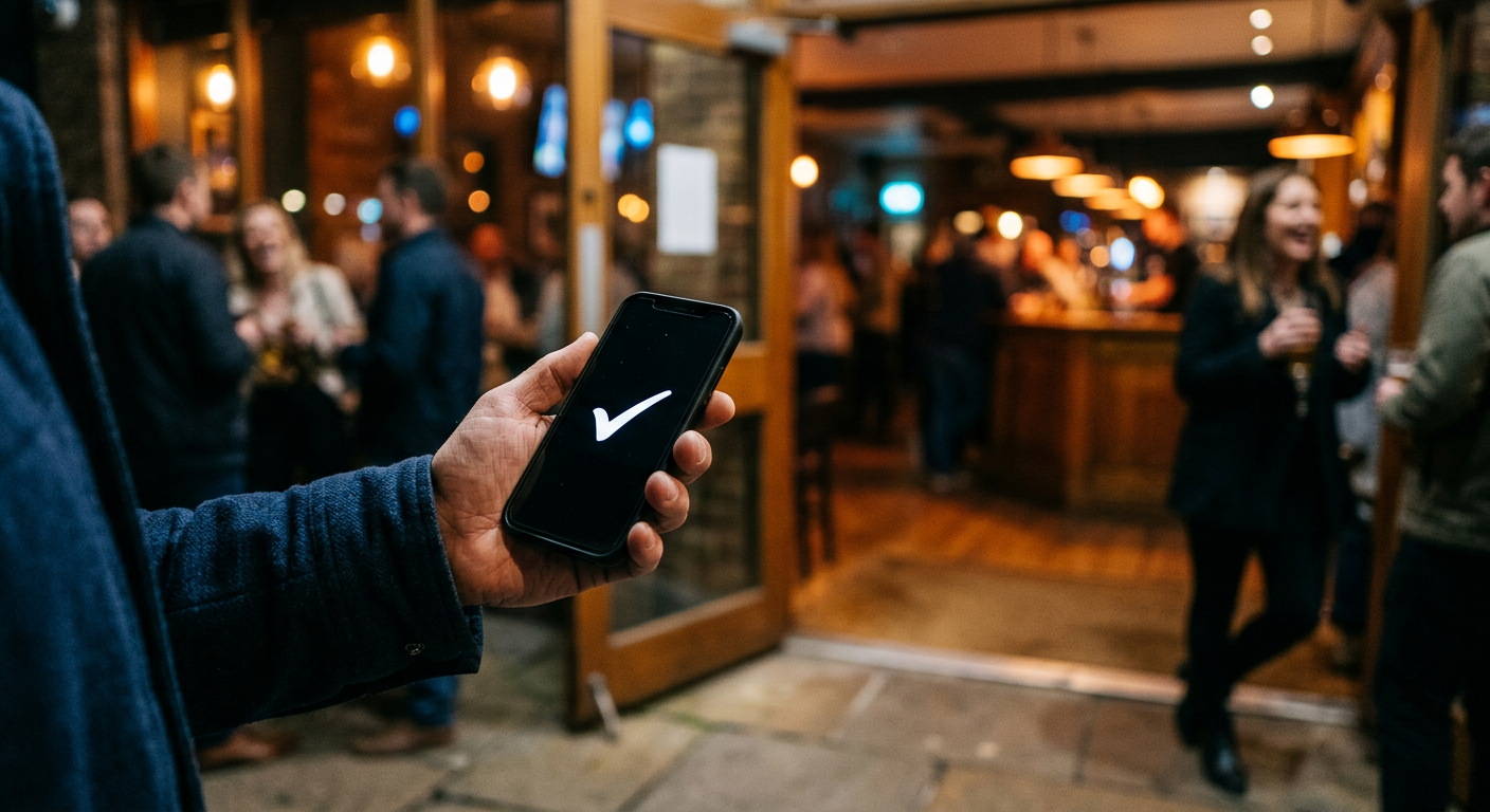 Une main tenant un téléphone à l’entrée d’un lieu en soirée