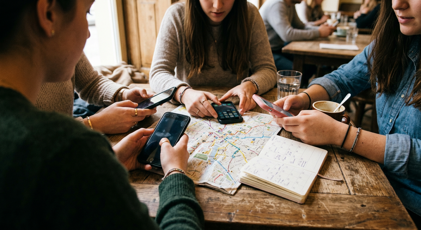 Des amis autour d’une table de café qui préparent un week-end sur leurs téléphones